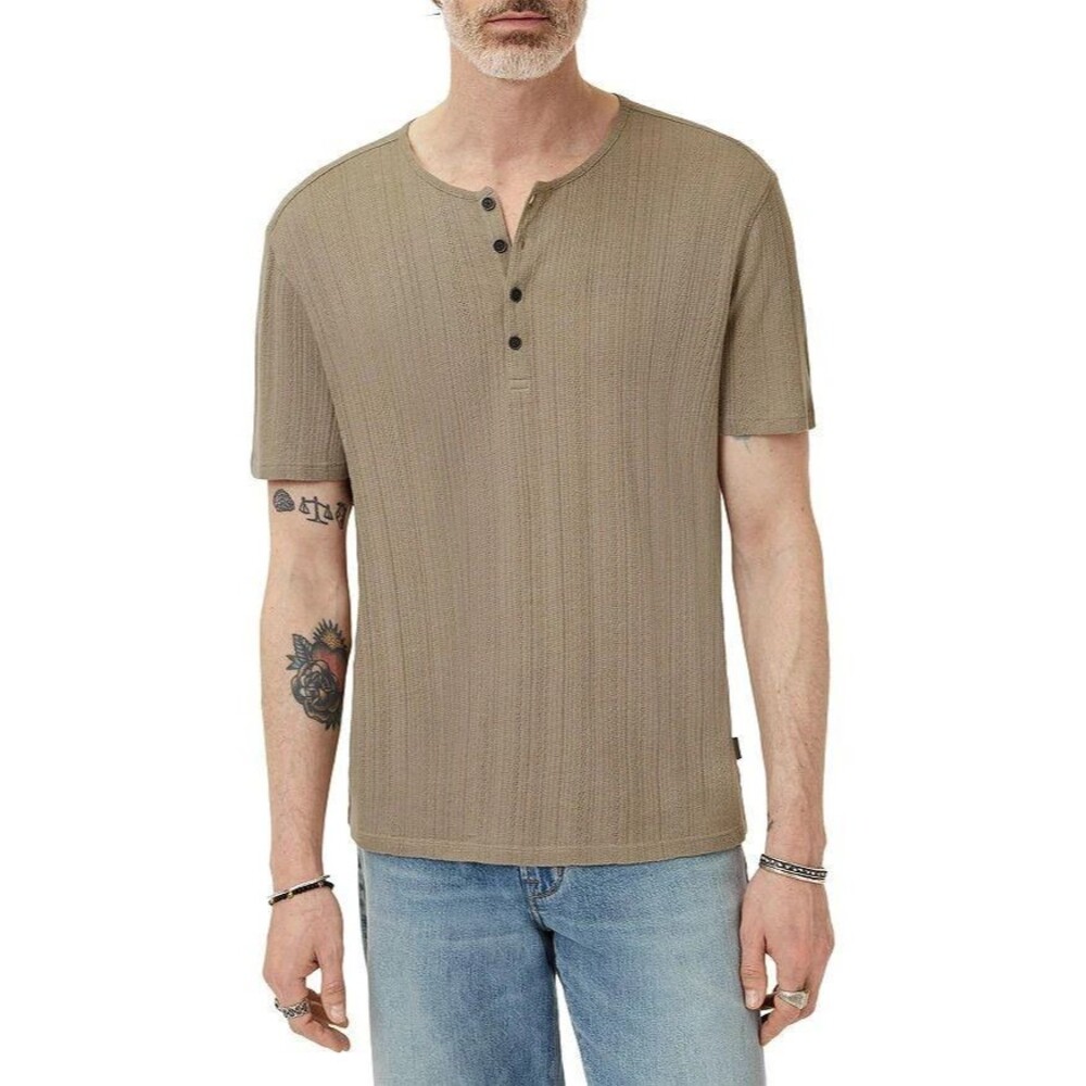 JOHN VARVATOS Shirt Mens XXL Tan Pullover Henley Short Sleeve Ribbed Knit CIEL